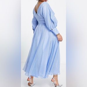 ASOS EDITION Curve blouson sleeve midi dress in organza check in pale blue US 16